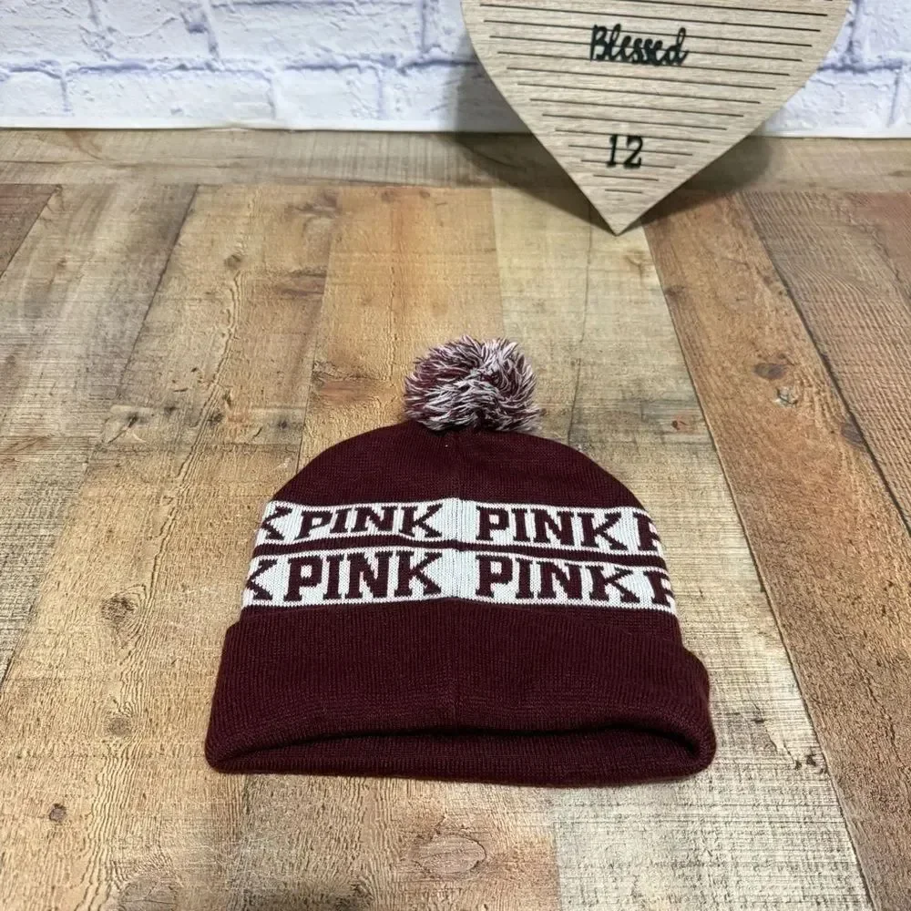 Victoria’s Secret PINK Beanie Pompom Hat Maroon Holiday Wine